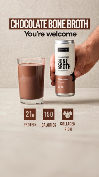 A clean, minimalist 9:16 vertical ad showing a glass of chocolate bone broth next to the product can, highlighting protein, calorie, and collagen counts.